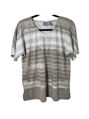 Chico’s Brown White Striped V Neck Short Sleeve Top Size 1 Medium Casual Fall